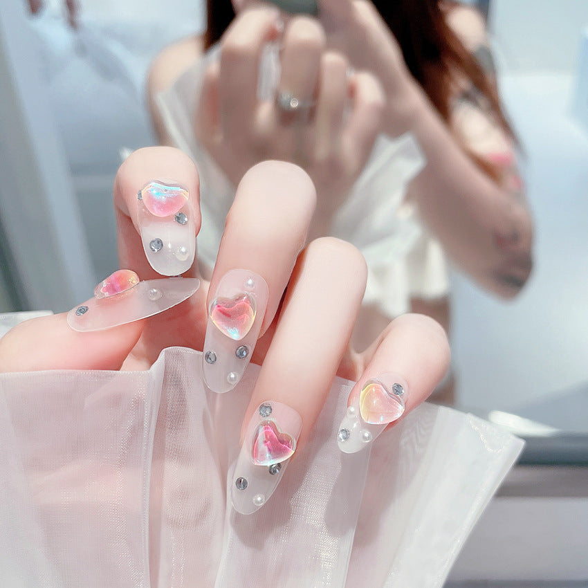 Fashion  nail Pure Desire to Ice through Aurora Love Heart Wear Armor 24 Pieces Boxed Fake Nails Wholesale Magic Color Manicure X70