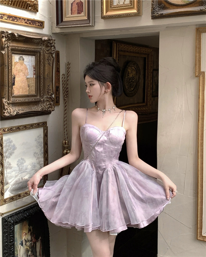 Fashion women's wear Tea Break French Style Fishbone Sling Dress Fairy Birthday Dinner Suit Disney Princess on the Run Bubble Skirt
