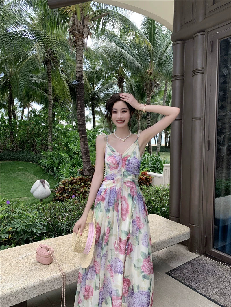 Fashion women's wear French Sweet Gentle Spaghetti-Strap Ruffle Floral Dress Women's Summer Vacation Fairy Large Swing Suspender Dress