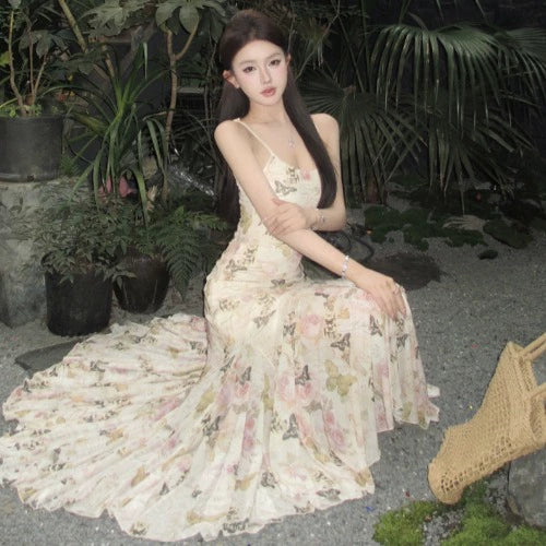 Fashion women's wear Beautiful Small Skirt Seaside Holiday Floral Strap Dress Tea Break French Style Temperament Slim-Fit Sheath Fishtail Long Skirt