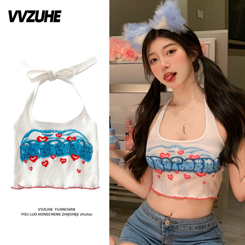Dopamine tops Free shipping Tattoo Pink Dopamine Wear Seaside Small Suspender Female Sexy Neck Wear Vest Sweet Spicy Thai Top Spice Girl Summer