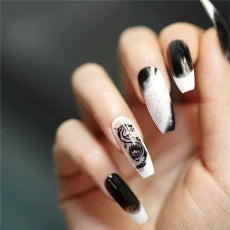 (Hand-made nail) Spice girl Europe and America, dark and long manicure nail, ballet nail, flat head, white, fake nails, wearing beautiful patch, finished product.