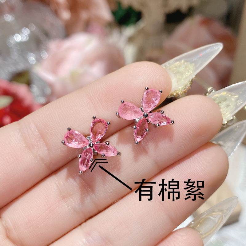 山茶新款超仙粉宝石爱心耳钉 镀18K金闪耀璀璨不规则甜酷少女耳饰