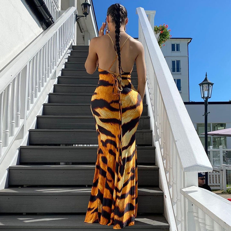 Free shipping  New Sleeveless Suspender Tiger Print Sexy Lace-up Halter Women's Long Dress