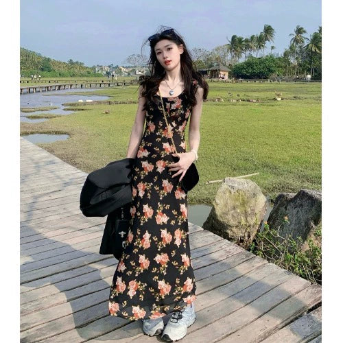Fashion women's wear Tea Break French Floral Strap Dress Women's Summer Small Flounced Sleeve Tight Waist Fishtail Hip Skirt Seaside Holiday Beach Skirt
