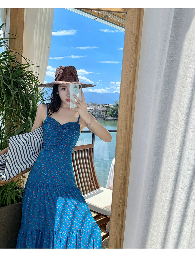 Fashion women's wear off-Shoulder Spaghetti Straps Dress Women's Summer Sanya Seaside Holiday Beach Skirt Floral Backless Waist Trimming Ankle-Length Dress