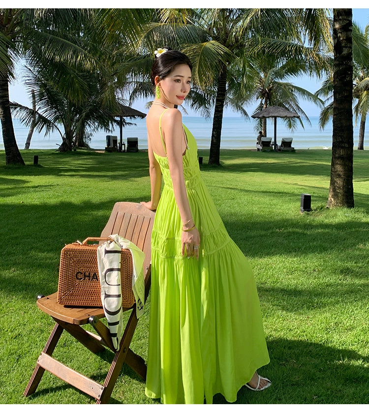 Fashion women's wear Summer Dopamine Seaside Vacation Deep V Dress Green Suspenders Ankle-Length Dress Sanya Slimming Beach Skirt Female