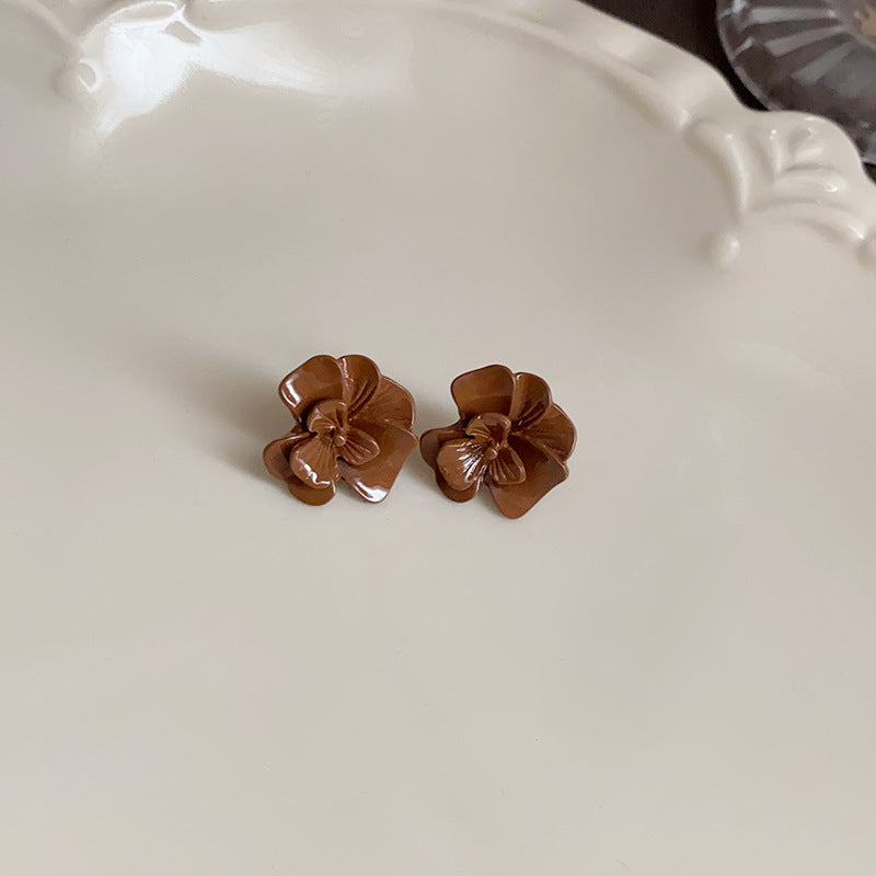 银针美拉德咖色爱心耳环时尚复古设计感耳钉轻奢高级感耳饰批发女