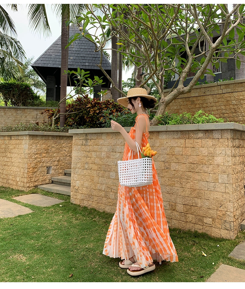 Fashion women's wear Tie-Dyed Floral Strap Dress Women's Summer French off-Shoulder Dopamine Sanya Seaside Vacation Beach Long Skirt
