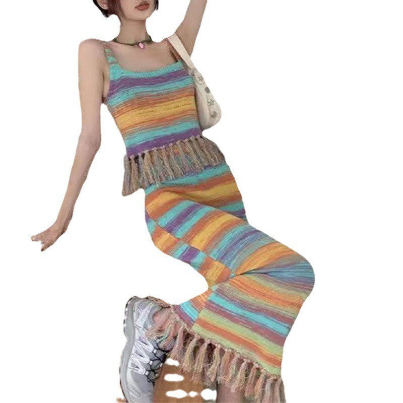Dopamine dress Free shipping Tattoo Dopamine Sweet Girl Suit Girl Wear Summer Skirt A Complete Set of Fringed Sweet Wind Knitted Suspender Long Dress