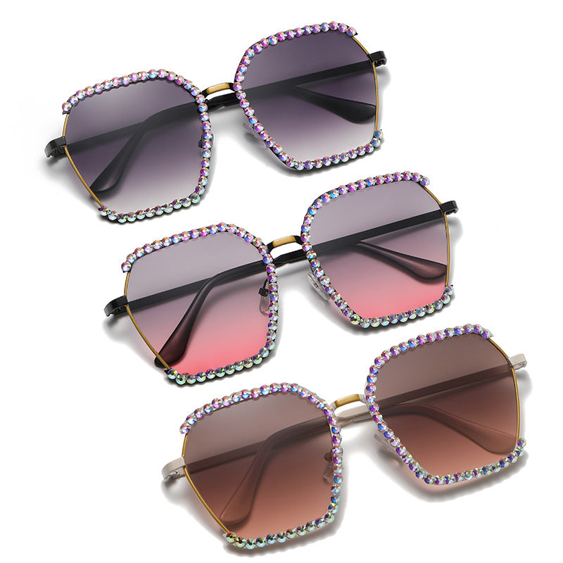 Women's fashion glasses 跨境新欧美镶钻大框太阳镜女高级感复古茶色墨镜显瘦韩版防晒眼镜