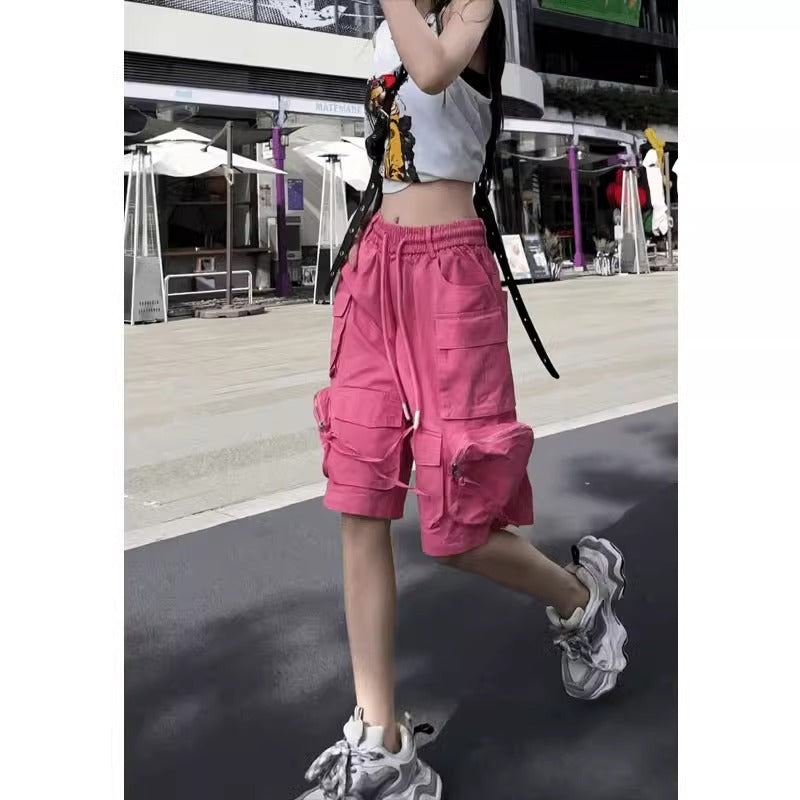 Dopamine pants Free shipping Tattoo Clearance tail goods~ Counter label cutting dopamine candy color tooling shorts women's summer high waist big pocket five-point pants