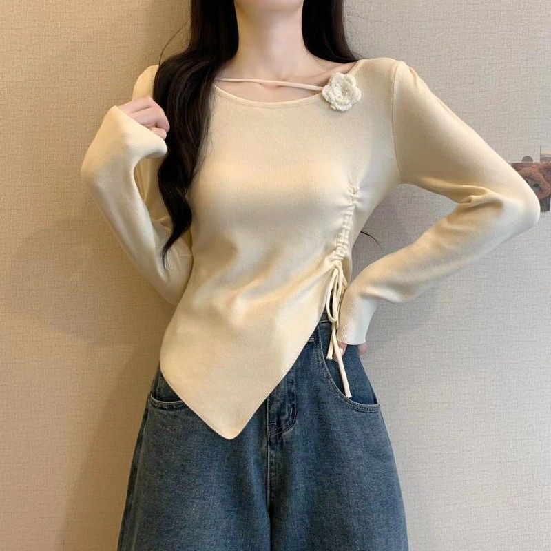 Dopamine tops Free shipping Tattoo Dopamine red three-dimensional flower long-sleeved knitted sweater for women's early autumn side drawstring closed waist and thin outer wear small top
