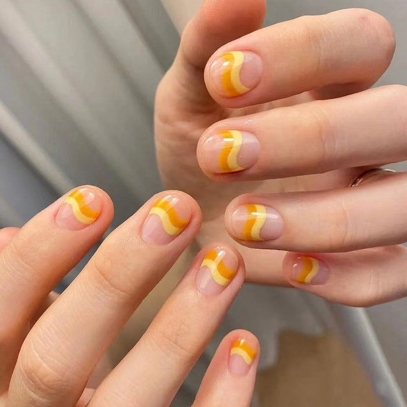 橘黄线条穿戴甲ins指甲贴片批发美甲贴片短甲假指甲外贸nails
