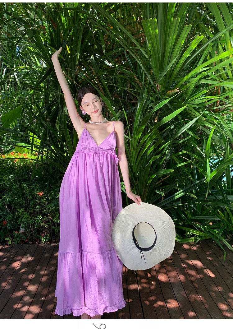 Fashion women's wear Fabric Romantic Lace Dress V-neck Comfortable Loose Vacation Suspender Dress Chic Beautiful Purple Dress