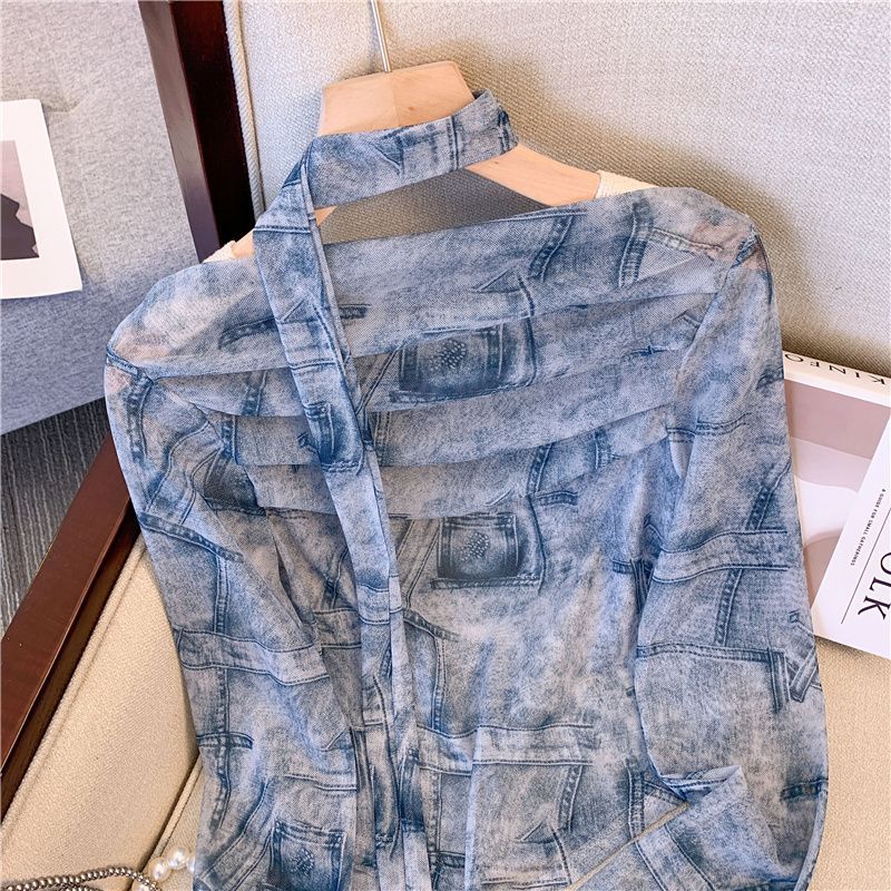 Dopamine tops Free shipping Tattoo Vintage tie-dye sweet and cool Spice Girl style shoulder T-shirt women's autumn new fashion pleated irregular long-sleeved top