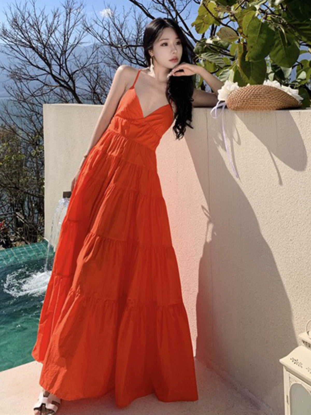 Fashion women's wear Yunnan Travel Photography Fairy Dress Orange Deep V-neck Backless Sling Dress Sanya Seaside Beach Skirt Female