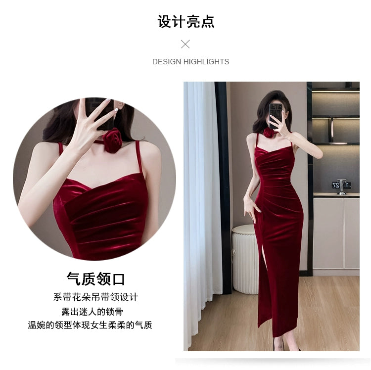 Fashion women's wear French Style Adult Lady like Woman Pleuche Spaghetti-Strap Dress Women's High-Grade Red Evening Dress 2024 Spring Women's Clothes Long Dress