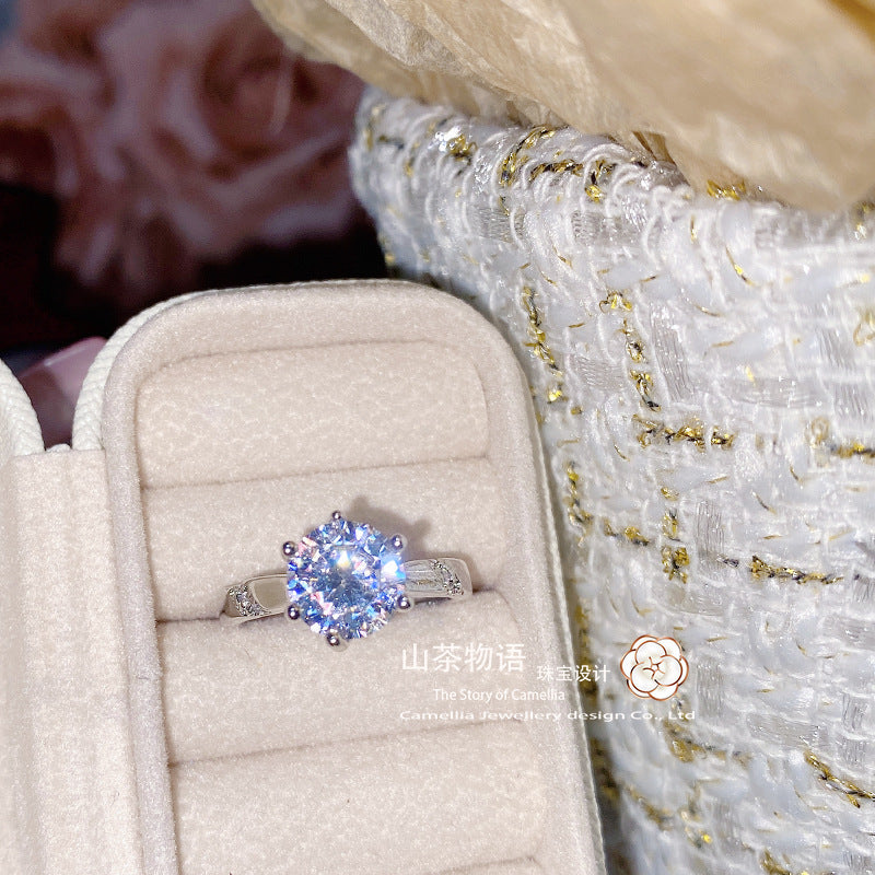 Camellia简约时尚日韩潮搭戒指 镀金六爪1克拉少女的嫁衣璀璨指环