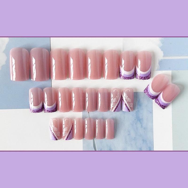 紫色法式穿戴甲花纹nails 法式跨境美甲片外贸假指甲长甲美甲贴片