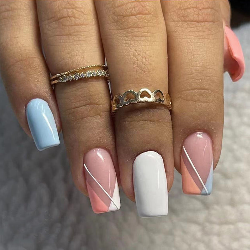 裸色几何穿戴甲长方nails 线条跨境美甲片外贸假指甲长甲美甲贴片