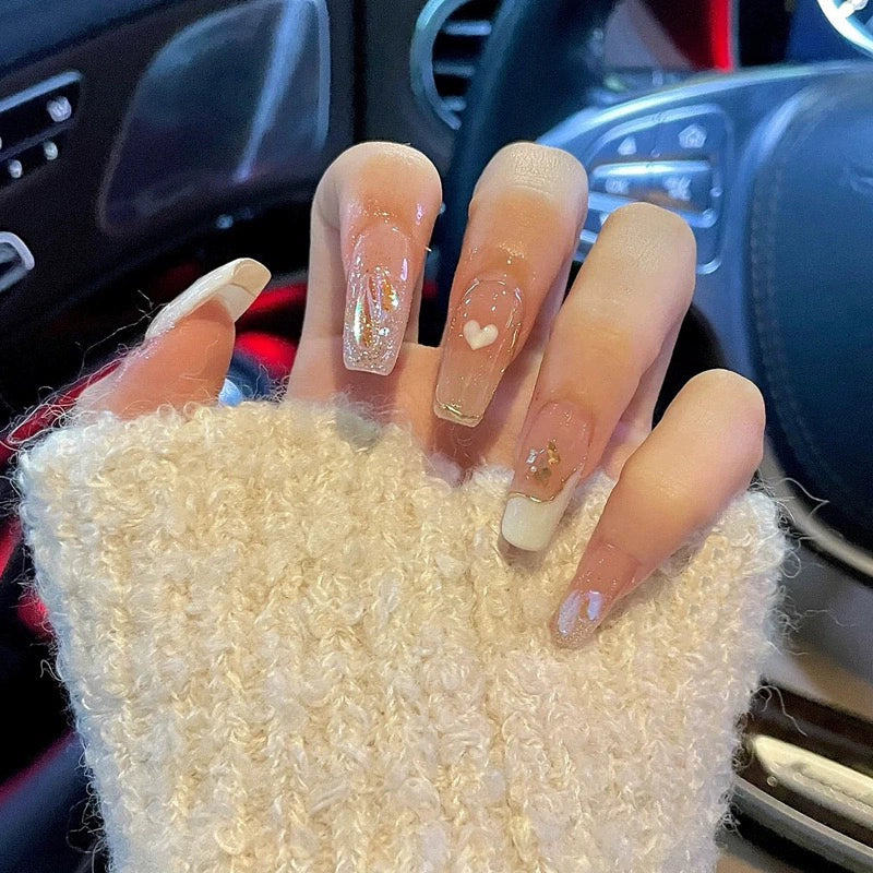 (Hand-made nail) French nail armor long black small fragrance simple white high-grade sense nail piece bride pregnant woman finished product.