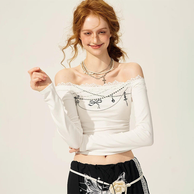 Free shipping   Shoulder Slim Long Sleeve Lace Splicing Skinny Short T-Shirt tops