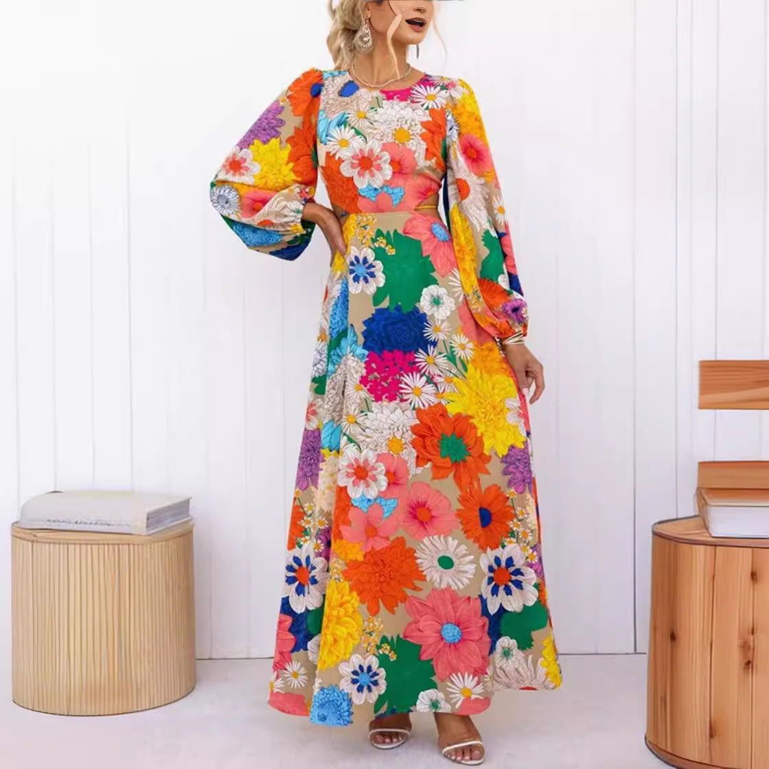 Free shipping Tattoo Europe, America, Amazon autumn new long-sleeved dopamine print lace-up waist holiday street fashion dress women