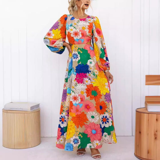 Free shipping Tattoo Europe, America, Amazon autumn new long-sleeved dopamine print lace-up waist holiday street fashion dress women