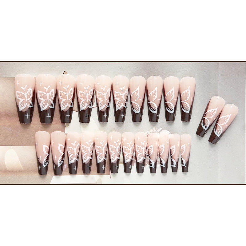 咖色蝴蝶穿戴甲法式nails 跨境美甲片外贸假指甲长梯甲型美甲贴片