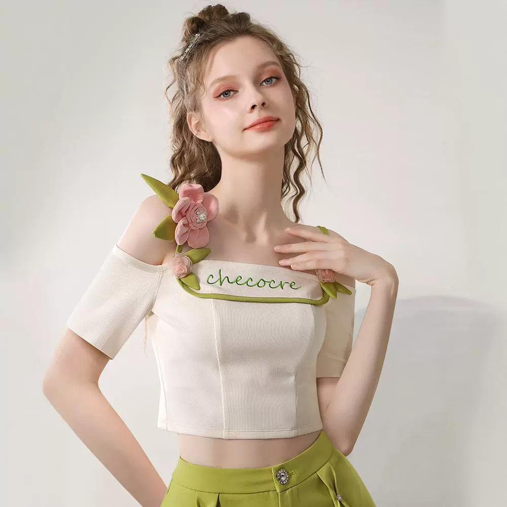 Dopamine tops Free shipping Tattoo Sweet and cool dopamine top 24 years summer tender pink flower one-word shoulder contrasting color suspender off-the-shoulder short-sleeved T-shirt