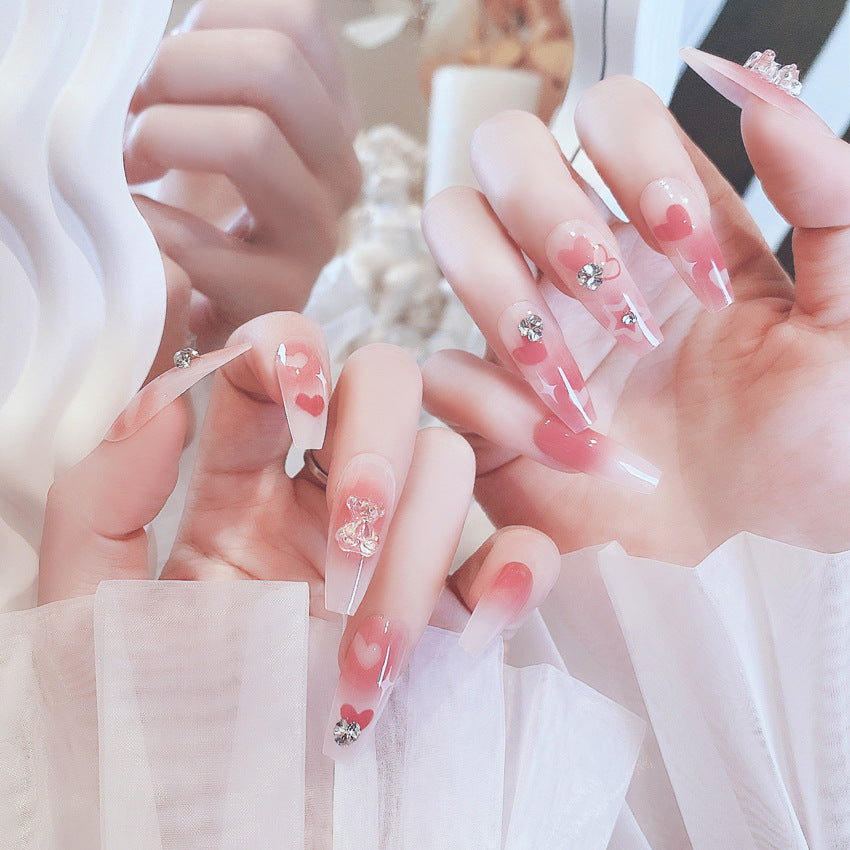 Fashion  nail New Bear Peach Heart Cute Long Finished Nail Beauty Wearable Fake Nails Removable Nail Tip Wearable Nail X75
