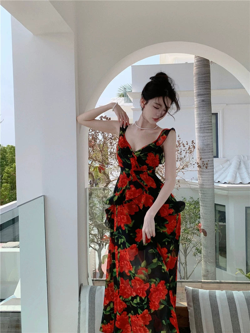 Fashion women's wear French Retro Tea Break Sling Ankle-Length Dress Women's Summer Seaside Holiday V-neck Rose Backless Slimming Dress