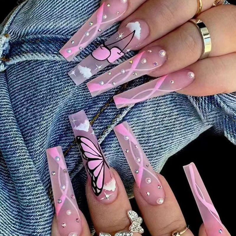 (Hand made nail) European and American Spicy Girl Super Long Instagram Dark Small Stand Retro Trapezoidal Shining Diamond Beauty False Nail Patch Detachable Wearable Nail