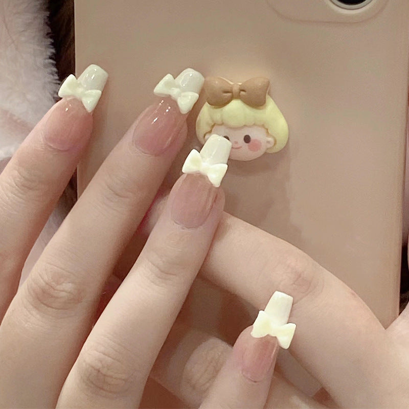 奶黄蝴蝶结穿戴甲奶呼呼指甲贴片法式美甲片假指甲美甲贴成品甲片