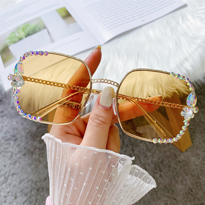 Women's fashion glasses 2024 无框镶钻女韩版潮防紫外线墨镜女素颜神器显脸小太阳镜2022新款