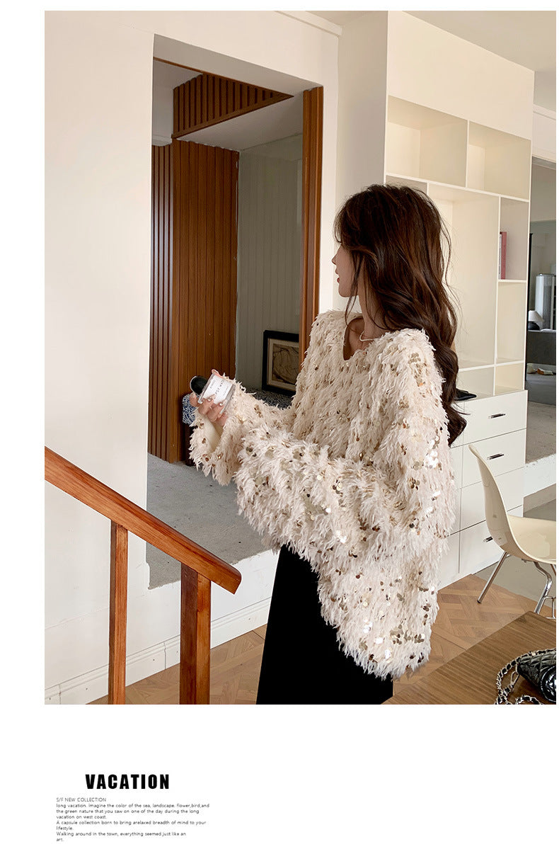 Fashion women's wear Real Shot Shiny Annual Meeting Festival Atmosphere Handmade Sequined Feather V-neck Sweater Spring Inner Wear Sweet Dress
