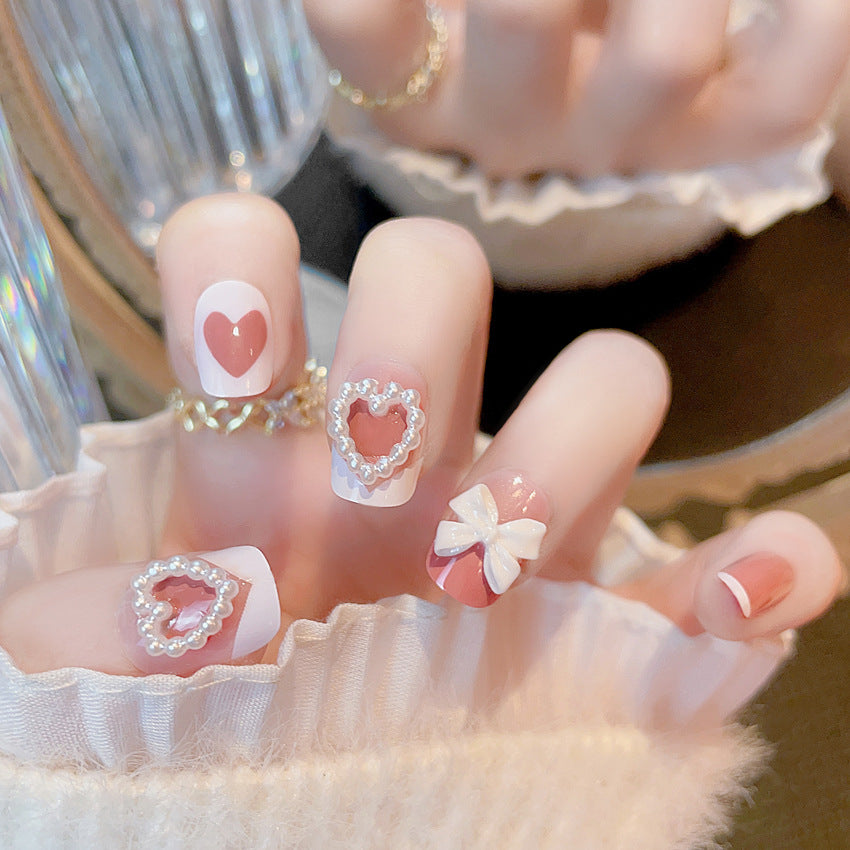 Fashion  nail Pearl Heart Bow Fake Nail Patch Finished Nail Beauty Wearable Nail Stickers X50