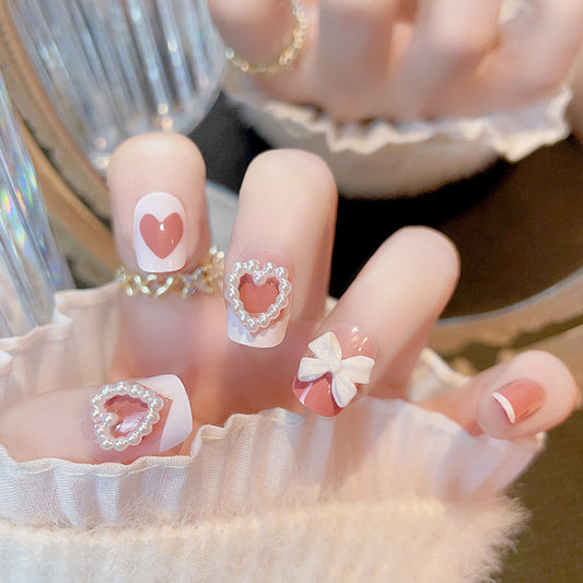 Fashion  nail Pearl Heart Bow Fake Nail Patch Finished Nail Beauty Wearable Nail Stickers X50