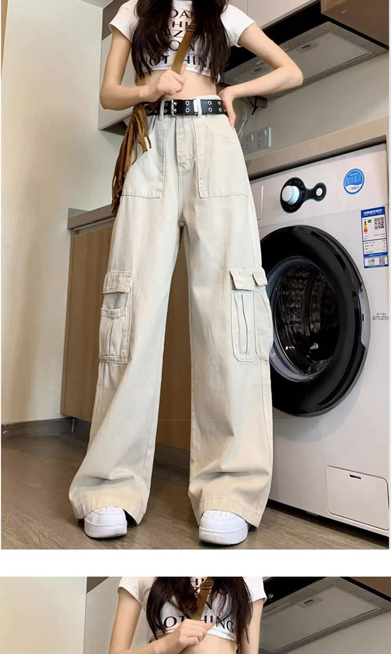 Dopamine pants Free shipping Tattoo Dopamine wears American overalls for women's 2023 summer new loose straight vertical apricot wide-leg floor pants