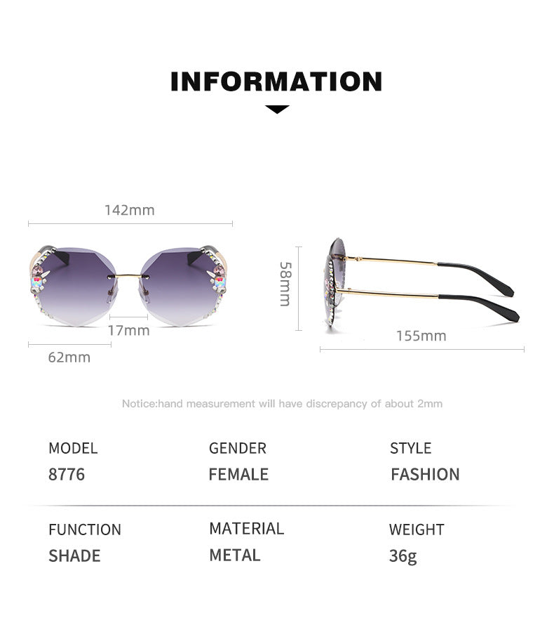 Women's fashion glasses 跨境镶钻无框水钻多边形墨镜女高级感ins大脸显瘦显脸小太阳镜