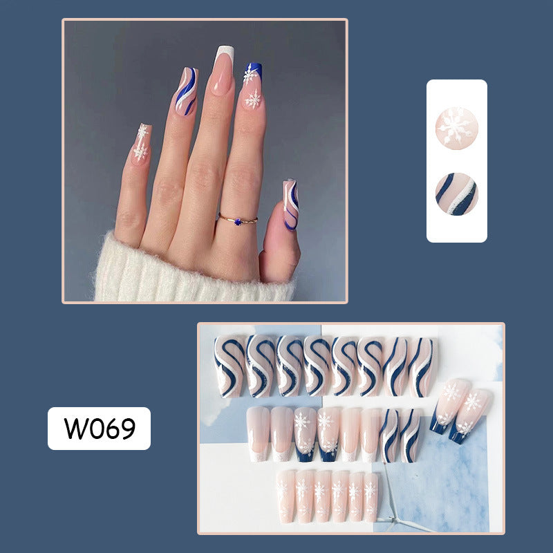 宝蓝雪花穿戴甲裸色nails 法式跨境美甲片外贸假指甲长甲美甲贴片