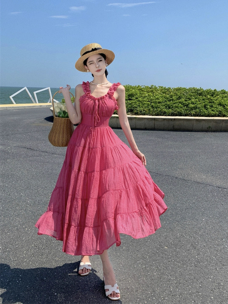 Fashion women's wear Beach Skirt Women's Seaside Vacation Heavy Industry Backless Lace up Sling Dress Temperament Show White Large Skirt Fairy Dress