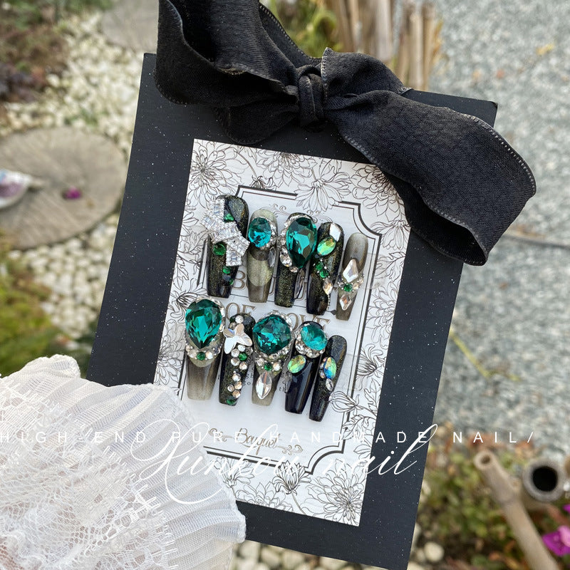 Hand-Made Nail Factory Straight Hair Green Cat Eye Flash Luxury Blue Smile Cat Eye Gradient Bow