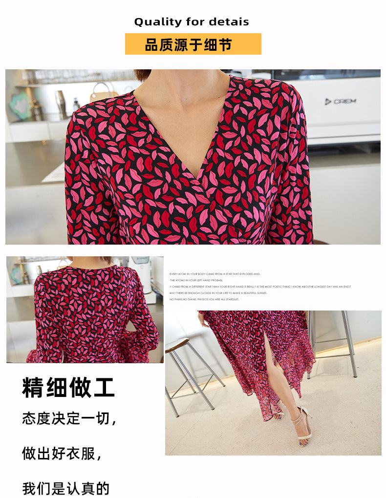 Fashion women's wear Small Red Lip Lantern Sleeve Collarless Long Dress One-Piece Elegant New Leopard Print Printed V-neck Lace-up Wrap Skirt