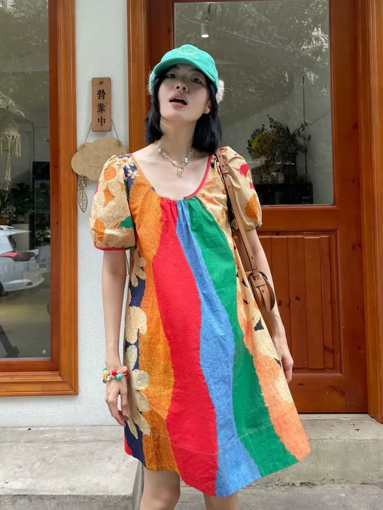 Dopamine dress Free shipping Tattoo Large Size Women's French Rainbow Stripe Dress Summer Fat MM Loose 150kg Skinny Dopamine Doll Dress
