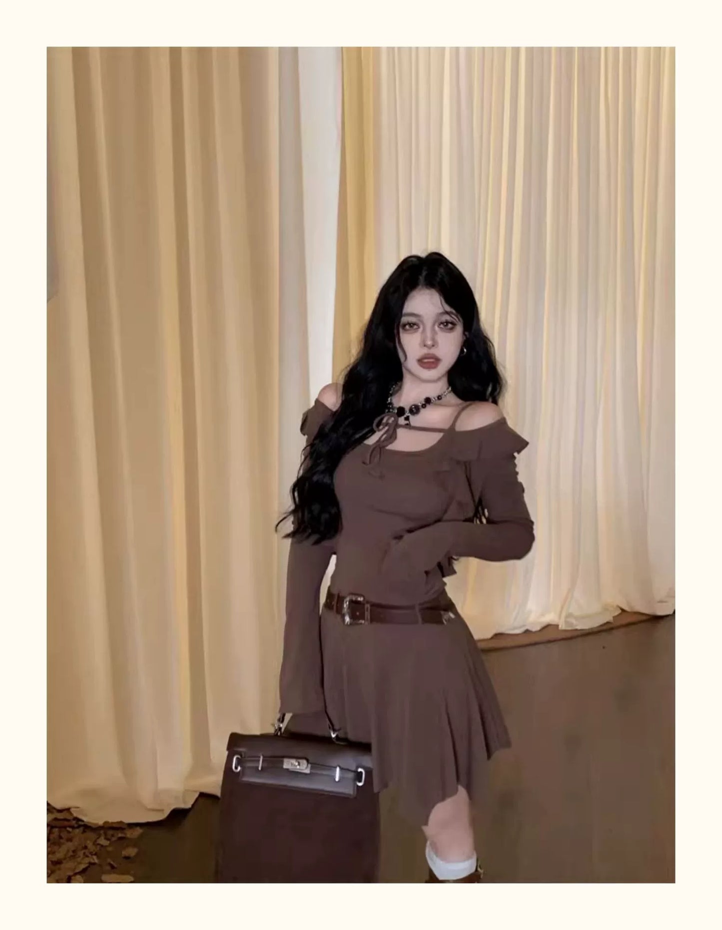 Fashion women's wear Brown Sleeveless Sling Dress Women's Summer Hot Girl Fitted Waist Pleated A- line Short Skirt Ruffled Cardigan Two-Piece Set