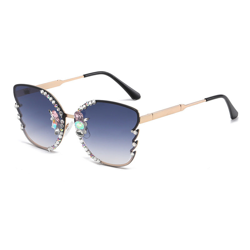Women's fashion glasses 跨境专供欧美大框街拍新款镶钻太阳眼镜时尚金属女士潮流墨镜批发