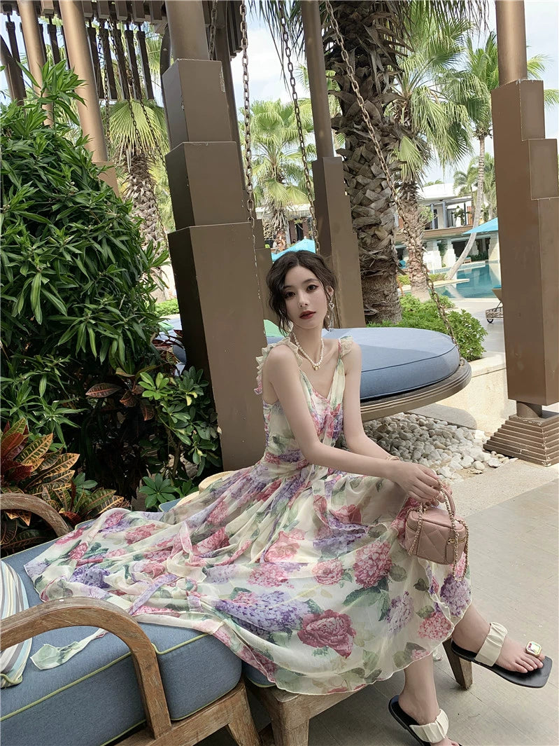 Fashion women's wear French Sweet Gentle Spaghetti-Strap Ruffle Floral Dress Women's Summer Vacation Fairy Large Swing Suspender Dress