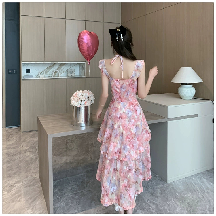 Fashion women's wear Sexy Halter Strap Floral Dress Women's Summer Seaside Vacation Beach Fairy Dress Irregular Trailing Skirt
